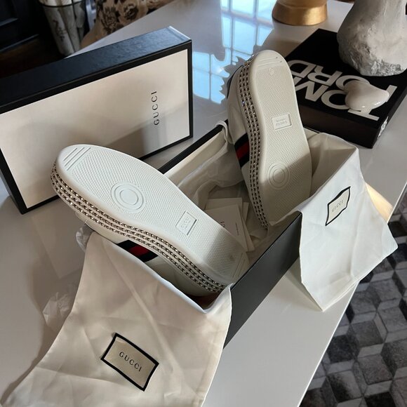 Gucci White Leather Crystal Studded Ace Lace Up Sneakers Size 38 - Picture 9 of 11
